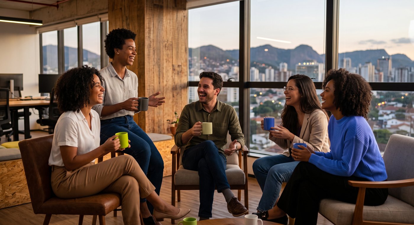Pessoas da Mundiale conversando durante uma pausa