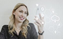 Social network connection with woman video chatting and smiling