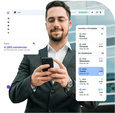 Executivo utilizando o Chatbot Mundiale para gerenciar atendimentos digitais em uma empresa enterprise.