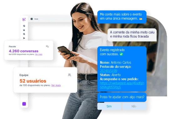 Chatbot com IA da Mundiale realizando atendimento digital automatizado em uma associação de proteção veicular pelo WhatsApp.