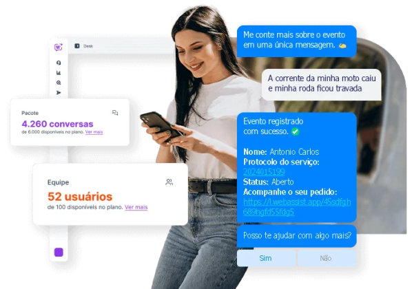 Chatbot com IA da Mundiale realizando atendimento digital automatizado em uma associação de proteção veicular pelo WhatsApp.