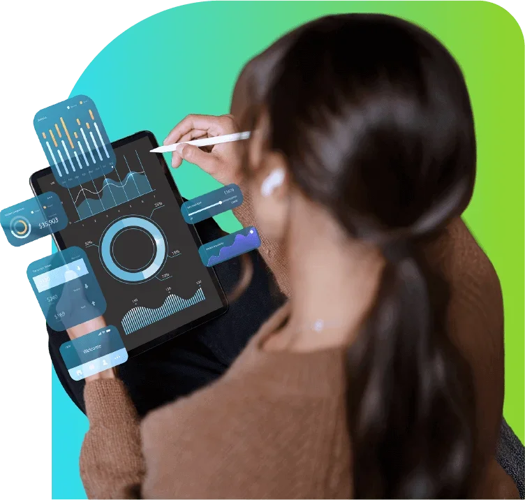 Mulher utilizando um tablet e na tela é exibido gráficos de gerenciamento da empresa