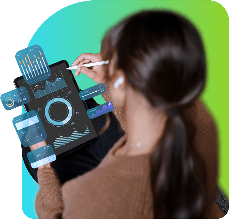 Mulher utilizando um tablet e na tela é exibido gráficos de gerenciamento da empresa