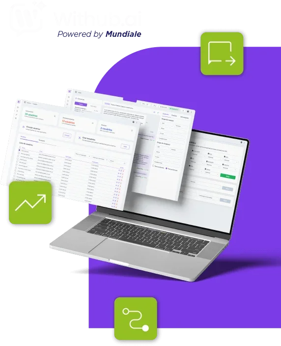 Interface da plataforma Withub da Mundiale com painel de atendimento digital e indicadores do chatbot para empresas enterprise
